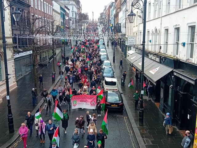 Thousands participate in Derry rally for Palestine calling for a ceasefire in Gaza on January 13, 2024
