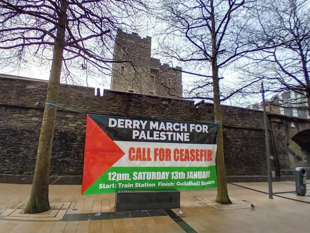 Thousands participate in Derry rally for Palestine calling for a ceasefire in Gaza on January 13, 2024