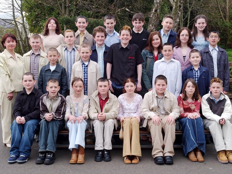 Pupils from Scoil Eoghain, Moville, who were confirmed in the Church of St Pius X, Moville, by Most Rev. Dr Seamus Hegarty, Bishop of Derry. Included is Miss Annie McCartney, class teacher.