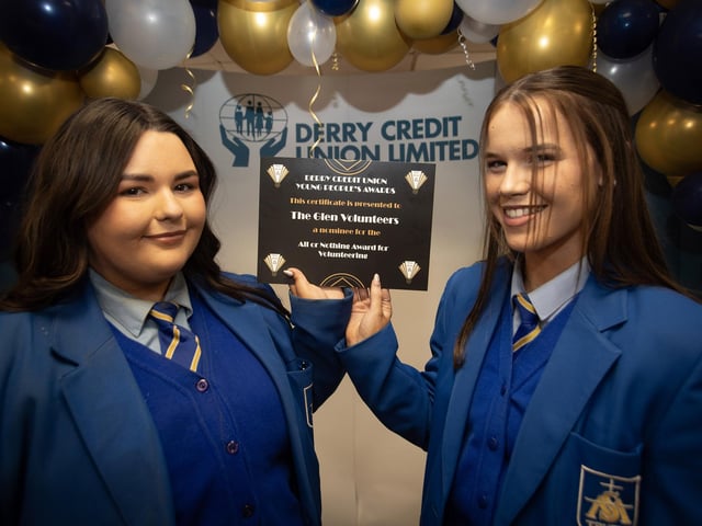 Derry Credit Union's Young People's Awards 2025 nominees representatives from 'The Glen Volunteers' pictured with their certificate on Monday night.