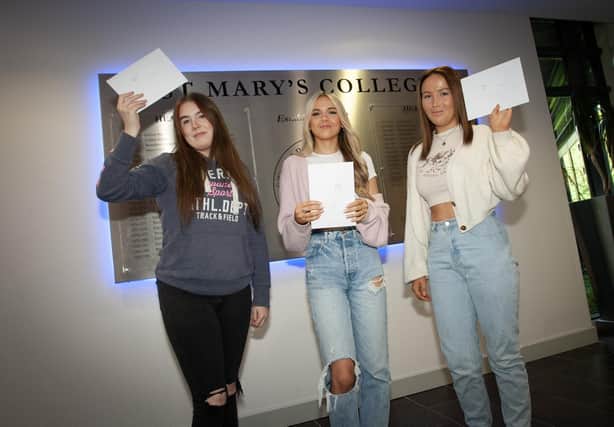 First in for GCSE results at St. Mary's College on Thursday morning were Tamar Doherty, Chloe Moore and Kelsey Harkin. (Photos: Jim McCafferty Photography)