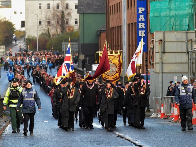 The ABOD Associated Club General Committee lead the Apprentice Boys of Derry’s Shutting of the Gates 336th commemoration held in the city on Saturday. Photo: George Sweeney