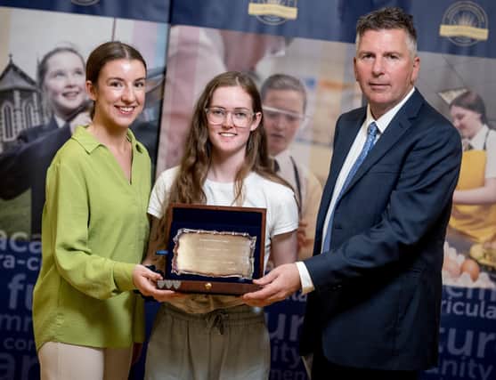 Ars Eloquentiae presented to Top Student in 2 languages at A2, Niamh Lamont. Also pictured Mr Donal Begley (Head of Spanish) & Ms Erin O’Hara (Co-ordinator of Irish).