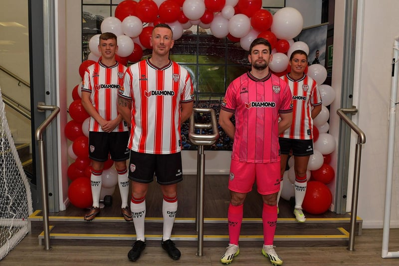 December 2023: Derry City FC players Ciaron Harkin Shane McEleney,Tadhg Ryan and Shannon Dunne, pictured at the official launch of the club’s 2024 home shirt at O’Neill’s superstore. Photo: George Sweeney