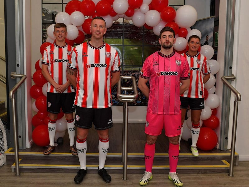 December 2023: Derry City FC players Ciaron Harkin Shane McEleney,Tadhg Ryan and Shannon Dunne, pictured at the official launch of the club’s 2024 home shirt at O’Neill’s superstore. Photo: George Sweeney