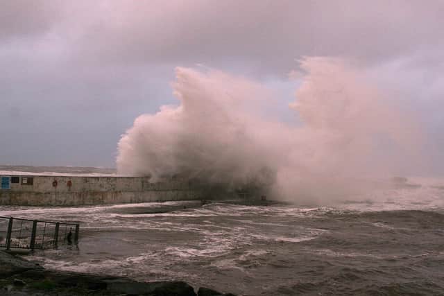 Mountainous seas hit the pier at Bundoran.