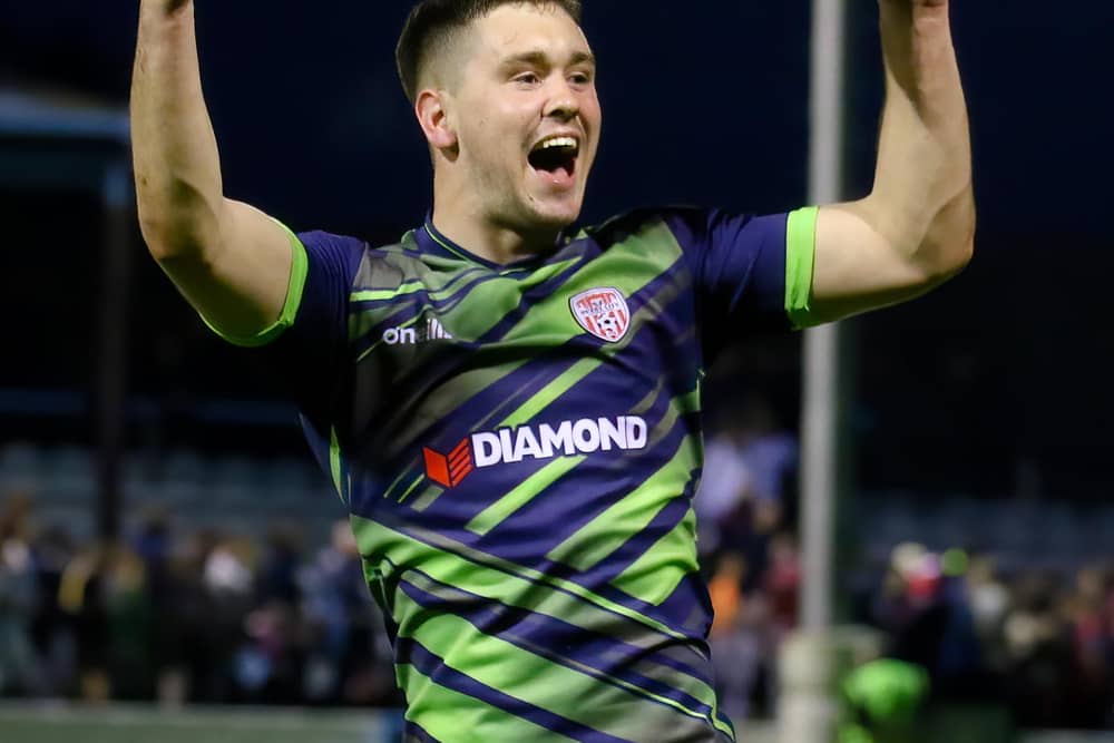 Derry keeper Brian Maher celebrates the win in Drogheda. Photo by Kevin Moore.