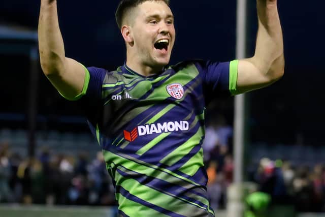 Derry keeper Brian Maher celebrates the win in Drogheda. Photo by Kevin Moore.