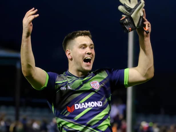Derry keeper Brian Maher celebrates the win in Drogheda. Photo by Kevin Moore.
