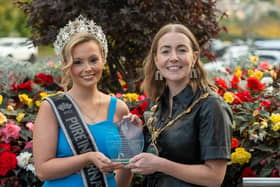 Rebecca Keys winner of the 2026/27 Pure International Miss title is the latest person to be recognised by the Mayor Councillor Grace Ui Niallais for her achievement and bringing, Pride to her community and to serve as an inspiration to others across the Derry City and Strabane District Council area. Picture Martin McKeown. 25.09.26