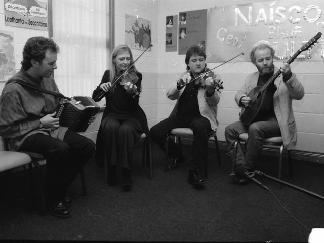 Altan playing at the opening of Naíscoil Bhun Cranncha. From left, Dermot Byrne, Mairéad Ní Mhaonaigh, Ciaran Tourish and Ciaran Curran.