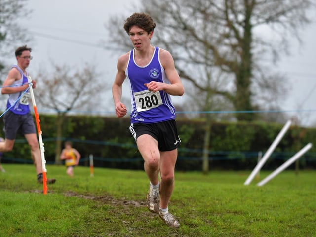 Foyle Valley’s Alan Tancred competing in the U15/U17 3k race at Thornhill College. Photo: George Sweeney