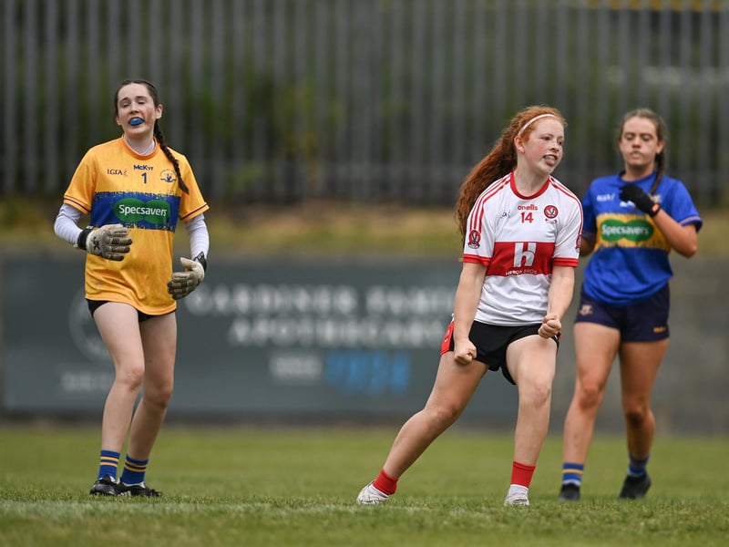 Action from the 2023 All-Ireland U14 Gold Final between Derry and Tipperary at Clan na Gael GAA Club in Dundalk, Louth. Photo by Stephen Marken/Sportsfile