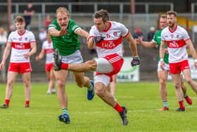 Benny Heron scores a superb point during the first half of the 2021 Division Three semi-final in Carrick-on-Shannon. (Photo: Stefan Hoare)