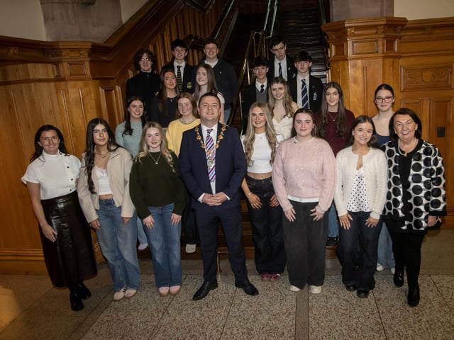 Grade 8 pupils from the Foyle School of Speech and Drama pictured with teachers Sandra and Blathnaid Biddle alongside the Mayor of Derry City and Strabane District Council, Ruairi McHugh on Tuesday.
