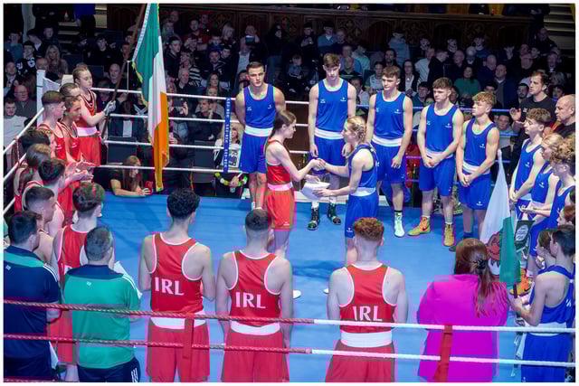 The Ireland and Wales team exchange pleasantries in the ring before the action gets underway.
