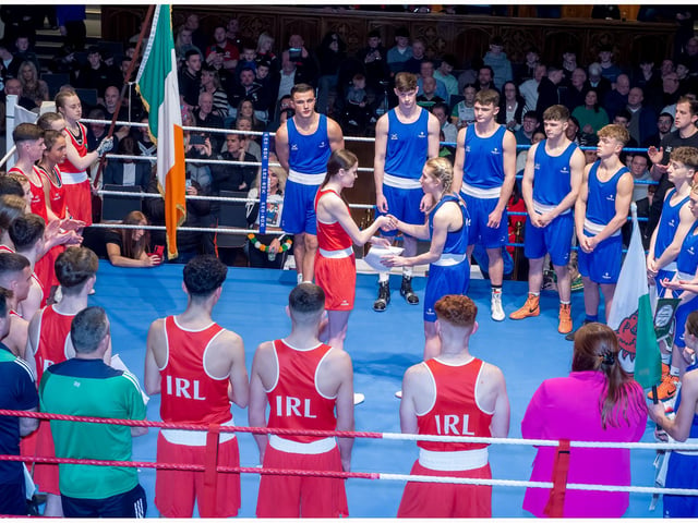 The Ireland and Wales team exchange pleasantries in the ring before the action gets underway.