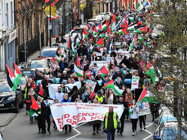 The pro-Palestinian solidarity march moving along Carlisle Road towards Guildhall Square on Saturday afternoon. Photo: George Sweeney