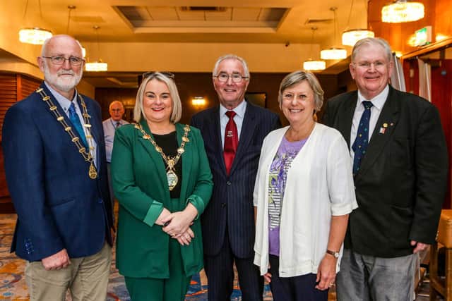 Pictured at the Rotary Ireland annual conference which took place recently in the City Hotel Derry Londonderry are  Capt Sean FitzGerald (District Governor Rotary Ireland – Omagh Rotary) Mayor of Derry City and Strabane District Council, Colr. Sandra Duffy,  Guest Speaker, Historian Richard Doherty, Liz FitzGerald (District Secretary Rotary Ireland – Omagh Rotary) and John MacCrossan (Derry /Londonderry Rotary)