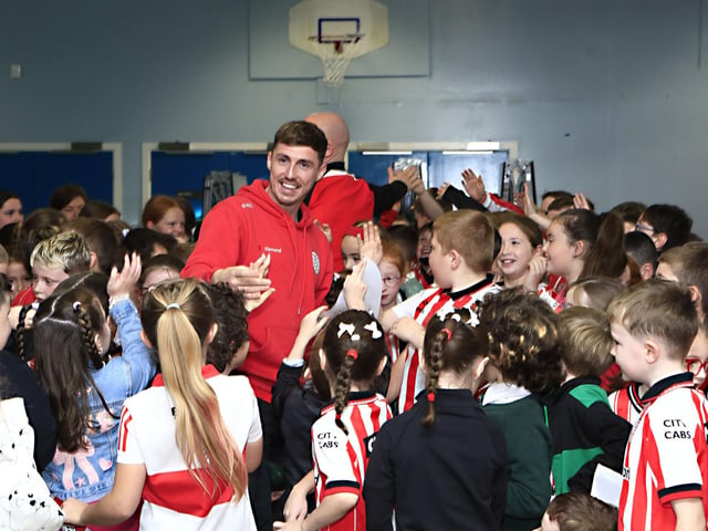 Derry City players Gavin Whyte & Liam Boyce visiting Greenhaw PS in the run up to their IFA Cup final against Waterford. (Photo - Tom Heaney, nwpresspics) : .
