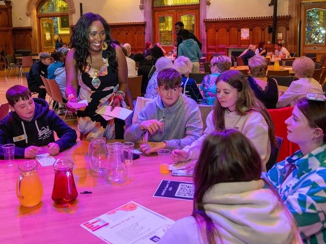 The Mayor Councillor Lilian Seenoi-Barr has once again hosted an Our Guildhall Our Space event for younger and older people in April with entertainment from In Your Space Circus School, Black Paddy, Richie Remo and DJ Tyree Patton. Picture Martin McKeown. 12.04.25 : Pictured are guests at the Mayor's penultimate Our Guildhall, Our Space in Derry.