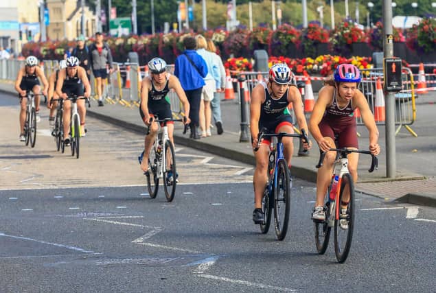 The Europe Triathlon Cup Junior Women’s head out on the bikes at the second stage of the event on Saturday morning. (Photo - Tom Heaney, nwpresspics)