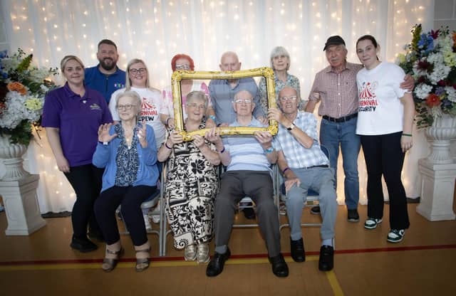 Enjoying the fun at Tuesday's DEEDS Tea Party - Front Row L to R Margaret McGurk, Mary and Tommy Morris, Brendan Arbuckle. Back Row - L to R Charlene Peoples (Vol) Chris McDaid (DEEDS Partner), Natasha Burke (OLT), Ann and John Doherty, Sarah and Joe Quinn and Kathleen McNaught (DEEDS Support Worker) Strabane Social Group. : .