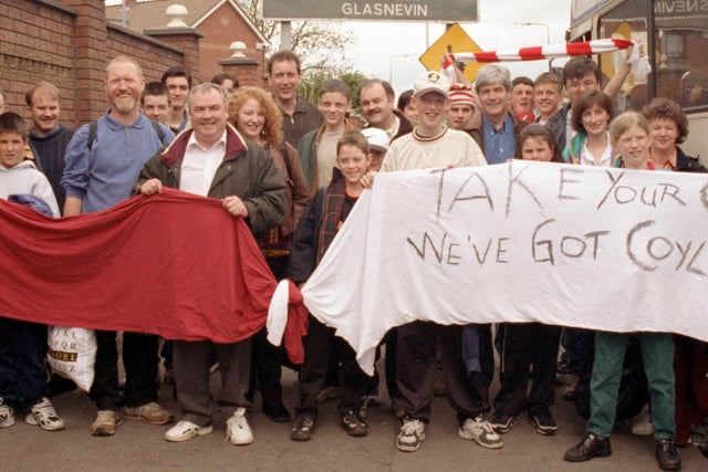Take your oil, we've got Coyle was the message from these Derry City fans who arrived in Dublin for the Final in 1995. Photos by Hugh Gallagher
