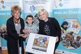 Maths Eyes 2023 Awards: Penn Flood of St. Mura's NS, Tooban, pictured with Terry Maguire and Sheila Donegan. John Ohle Photo