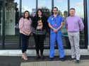 Aisling Corrigan (far left) and Dessie Corrigan (far right) are pictured at Altnagelvin Hospital’s Emergency Department presenting the 2022 Davin Corrigan Legacy Award to Josephine Friel, Substance Misuse Liaison Nurse and Dr Colm Shahmohammadi.