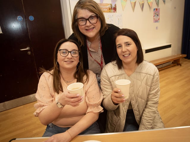 Steelstown staff member Catriona Harkin making sure mums Leona Murray and Laura Toland have warm coffee during the Coffee Morning on Friday.