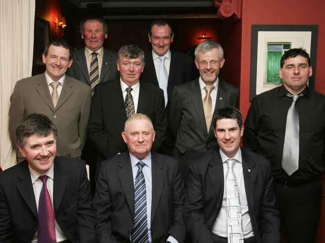 Malin GAC committee members at the annual presentation dinner held in the Malin Hotel. Seated, from left, are David Gallagher, secretary, Patrick McLaughlin, chairman, and Kevin McGeoghegan, vice-chairman. Centre, from left, are Martin McColgan, John Byrne, Denis Doherty and Sean McLaughlin. Back, from left, are Patrick Houton and Danny McColgan. (2102C49) : Malin GAA Dinner