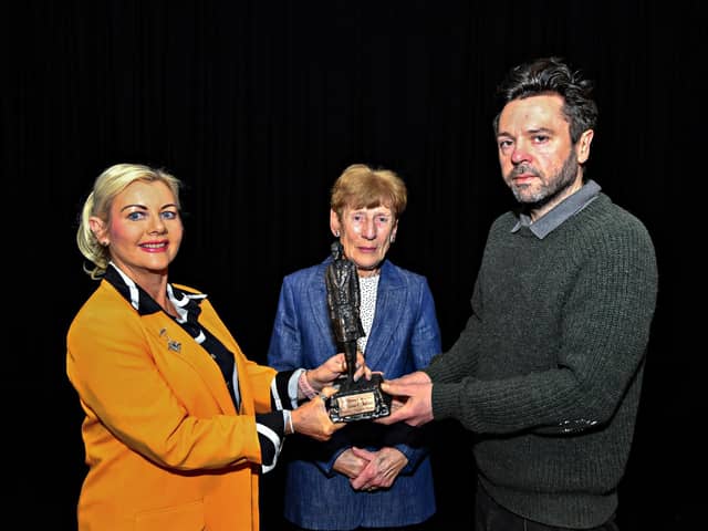 Mrs Genevieve Sweeney (left), Trophy Secretary Feis Dhoire Cholmcille, Mrs Joan Conaghan, sister of the late Fr Kevin Mullan and sculptor of the Fr Mullan Perpetual Memorial Award, Rory Harron pictured at the launch of the Feis  Dhoire newest award. Photo: George Sweeney