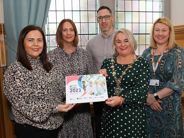 Mayor of Derry and Strabane, Councillor Sandra Duffy, pictured with Ciara Burke, Age Friendly co-ordinator, Derry City & Strabane District Council, at the launch of the WHSCT Age Friendly Calendar  in the Mayor's Parlour. Included from right are Sonia Montgomery, Western Health & Social Care Trust, Kevin McSorley, Public Health Agency, and Heather Hamilton, Public Health Agency. (Photo - Tom Heaney, nwpresspics)