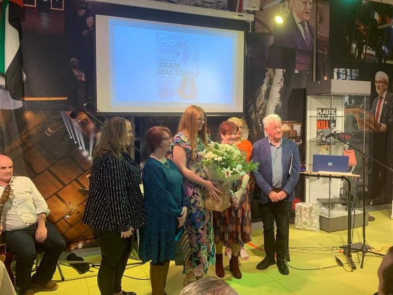Members of Sean Dalton's family with Sara Duddy and Paul O'Connor of the Pat Finucane Centre.