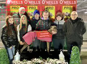 Ardnasool Luna who won the second race, the Brandywell Greyhound Supporters Group Sprint, in 17.11 with (from left) Chelsea Doyle, Matthew Talbot, Lauren McClay, Rian Ceallach & Shane Talbot & Patsy Doyle.