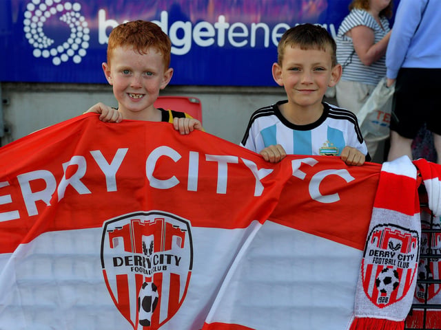 Young Derry City fans at the game against Shelbourne in the Ryan McBride Brandywell Stadium. Photo: George Sweeney. DER2321GS - 76
