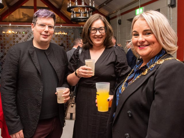 The Mayor, Councillor Sandra Duffy pictured at the opening of The Taproom at the Walled City Brewery with Paul and Semina Stafford . Picture Martin McKeown. 21.10.22