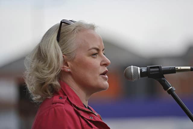 Occupational therapist Karen Murphy speaking at the Freedom for Palestine march and rally, in Guildhall Square, on Saturday afternoon.  Photo: George Sweeney