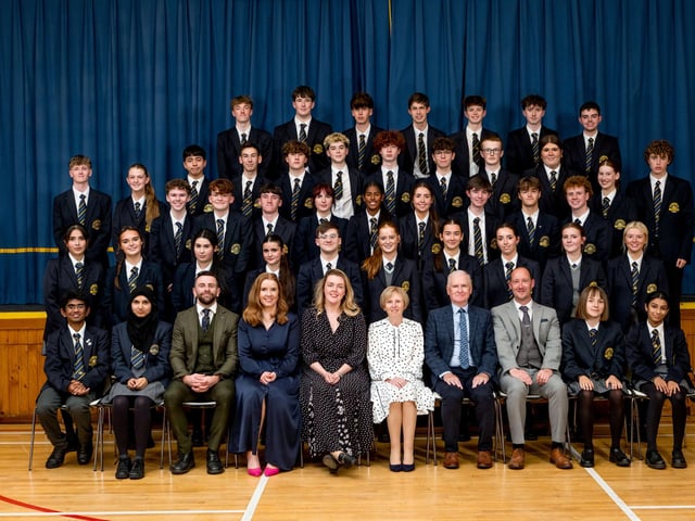Top GCSE Results: Pupils who achieved 7 A grades or more in their GCSE examinations with Ms Niamh Hargan (Guest Speaker), Dr Marie Ferris (Principal), Mr Noel Mc Caul (Board of Governors), Mrs Nora Dobbins (Senior Teacher), Mr Niall Hanna (Head of Year) & Mr Mark Smyth (Senior Teacher). Lumen Christi College