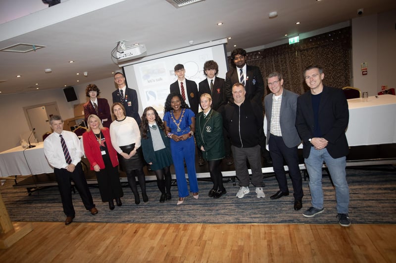 DCSDC'S LET'S TALK!. . . . .The Mayor, Lillian Seenoi-Barr, local councillors, organisers and students from, St. Joseph's Boys School, Lisneal College, Thornhill College, Foyle College, St. Brigid's College, St. Columb's College and St. Cecilia's College pictured on Friday morning at the DCSDC's Good Relations Team's 'Let's Talk' event. (Photos: Jim McCafferty Photography)