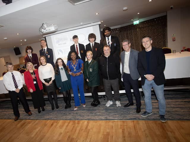 DCSDC'S LET'S TALK!. . . . .The Mayor, Lillian Seenoi-Barr, local councillors, organisers and students from, St. Joseph's Boys School, Lisneal College, Thornhill College, Foyle College, St. Brigid's College, St. Columb's College and St. Cecilia's College pictured on Friday morning at the DCSDC's Good Relations Team's 'Let's Talk' event. (Photos: Jim McCafferty Photography)
