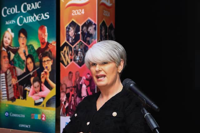 Angela Harkin from host branch CCÉ Baile na gCailleach, Co-Chair of the organising committee speaking at the launch of Fleadh Mhór Dhoire at Studio 2. Picture courtesy of Tom Heaney – nwpresspics.com