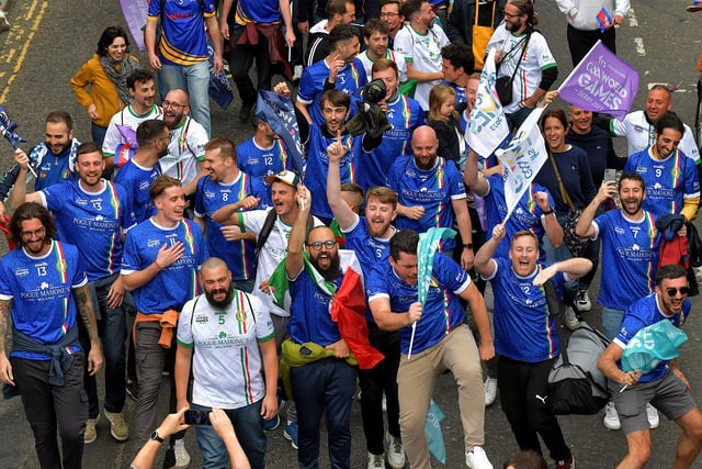 Italy Transalp football team taking part in the frs Recruitment GAA World Games opening parade on Monday evening.  Photo: George Sweeney. DER2330GS -