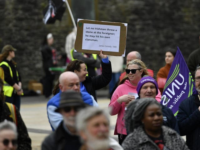 Placard carried at the Celebration of Migrant Workers rally held in Guildhall Square on Sunday afternoon. Photo: George Sweeney