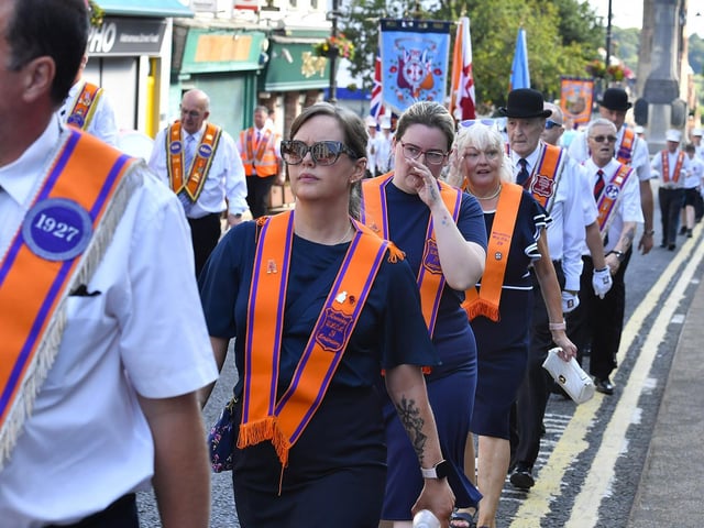 Local Orangewomen take part in the July 12 celebrations in Derry’s city centre on Saturday morning. Photo: George Sweeney