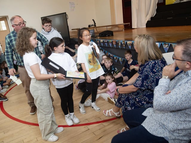 Pupils thanking Mrs Ramsey during Friday's assembly at Model PS.