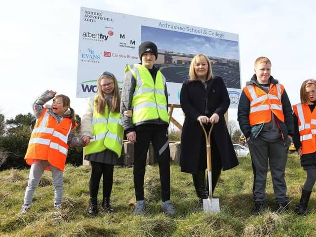 Former Education Minister Michelle McIlveen with pupils from Ardnashee School and College at the sod cutting ceremony for the new £34 million school on the former Foyle College site at Northland Road in 2022.