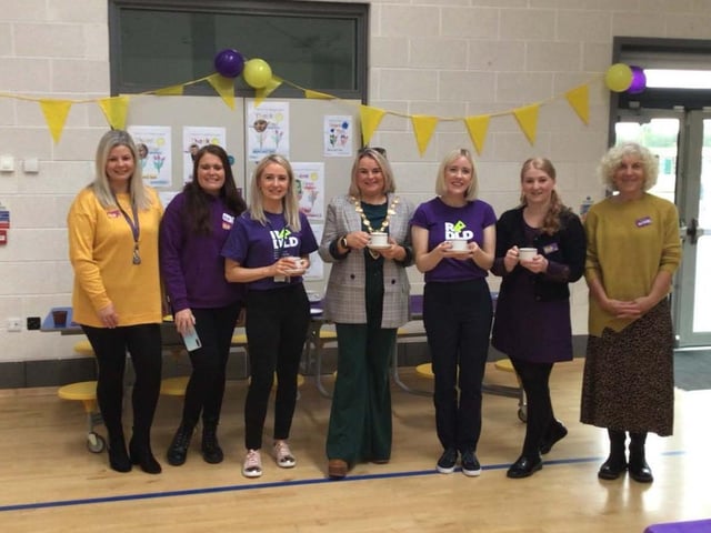 Mrs Bratton, Classroom Assistant in SLC2, Mrs Farren, Teacher in SLC 2, Bernadine Orr, SLT in SLC2, Mayor Sandra Duffy, Sinead Marlow, SLT SLC1 and Mrs Pentland, Teacher in SLC1 and Mrs Atkinson, Classroom Assistant