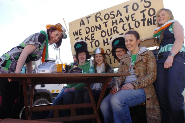 Staff from Rosato's Bar soak up the sunshine during the St Patricks Day parade in Moville. From left, Donna Orr, Shona Kelly, Aoife Thompson, Roisin Rawdon, Majella Doherty and Una Thompson. (1803PG12)